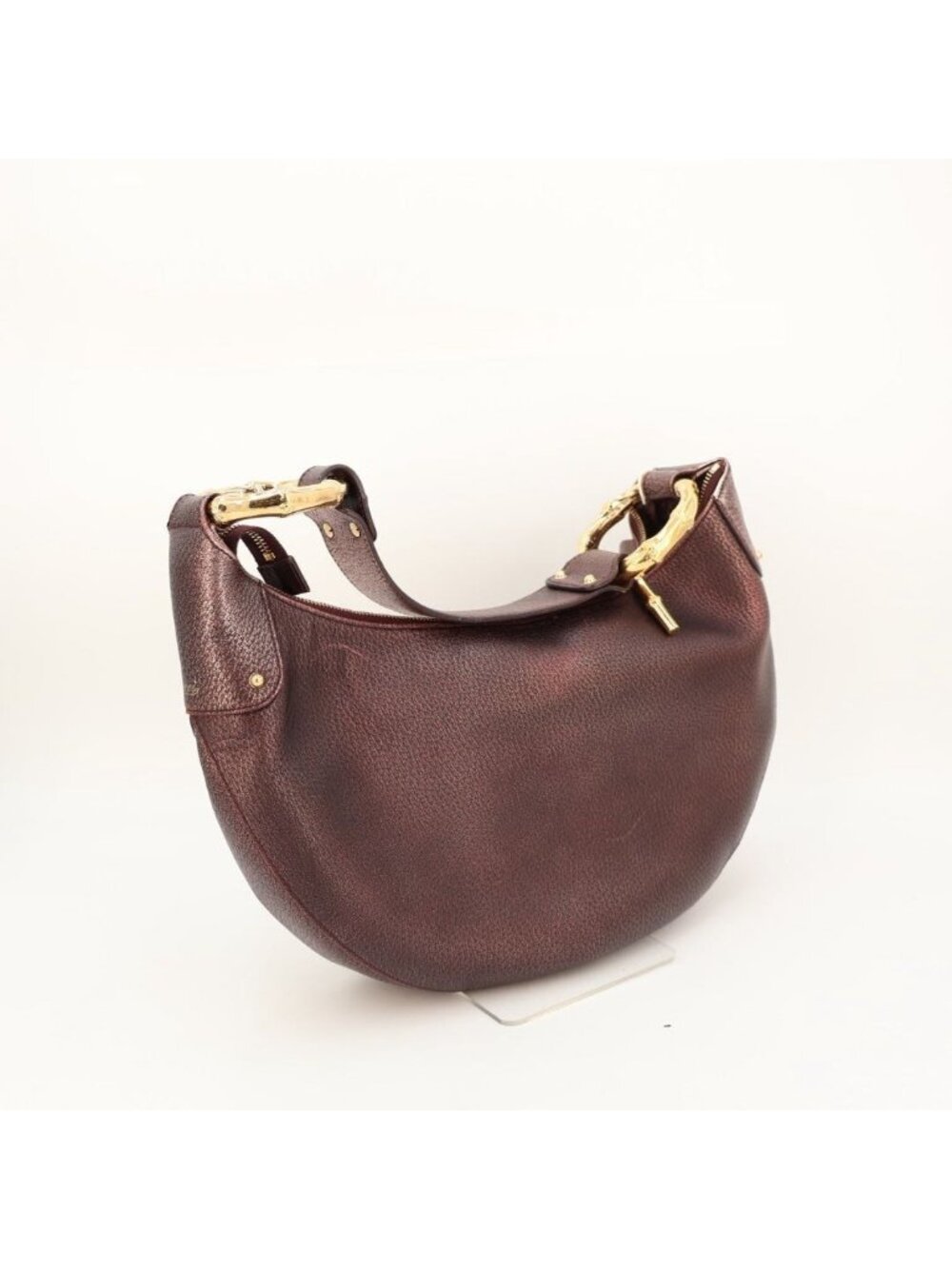 Gucci Shoulder Bag Gunmetal Bordeaux Logo Leather Bamboo